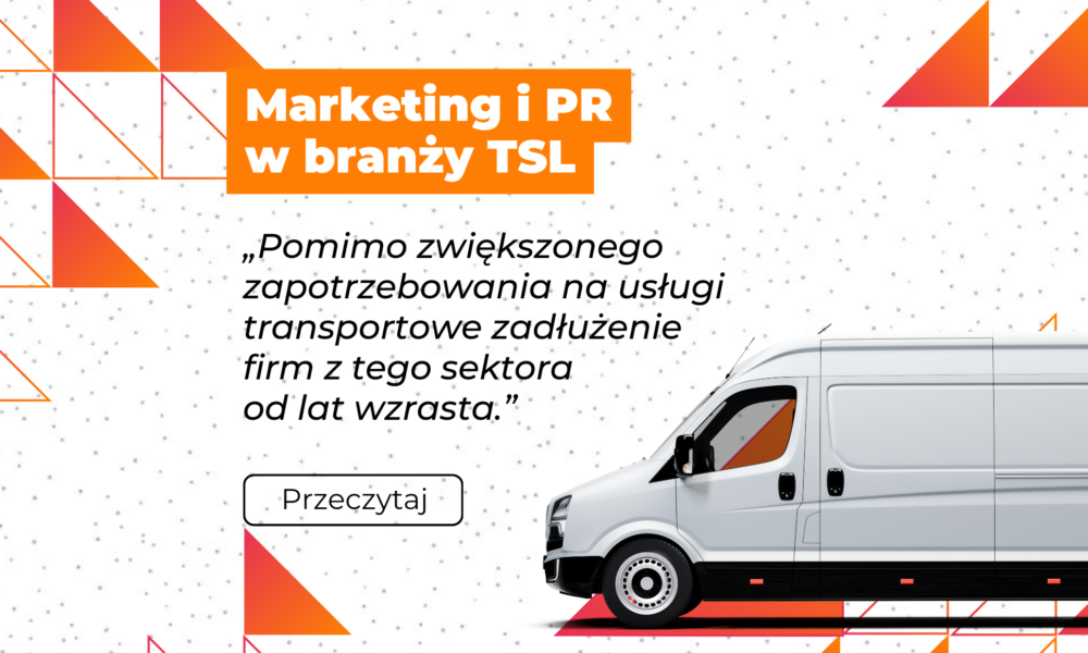 - grafika z busem - tytuł Marketing i PR w branży TSL - CTA zachęcające do przeczytania artykułu