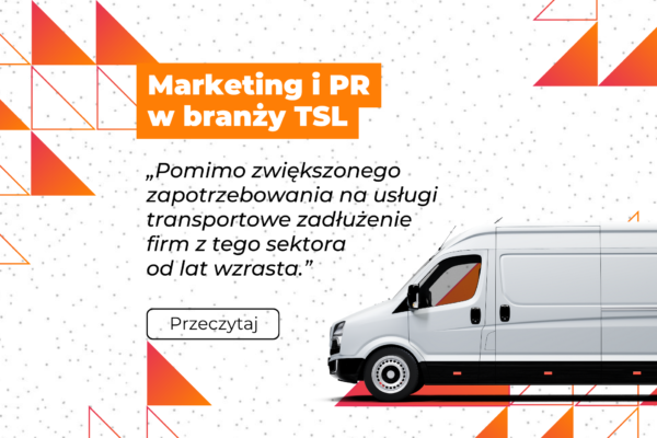 - grafika z busem - tytuł Marketing i PR w branży TSL - CTA zachęcające do przeczytania artykułu