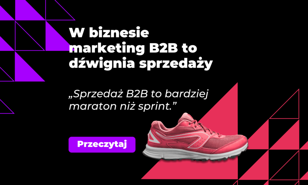 Grafika z czarnym tłem, z trojkątami fioletowymi w lewym górnym rogu, różowymi w prawym dolnym rogu i różowym butem oraz tekstem 