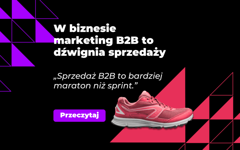 Grafika z czarnym tłem, z trojkątami fioletowymi w lewym górnym rogu, różowymi w prawym dolnym rogu i różowym butem oraz tekstem 