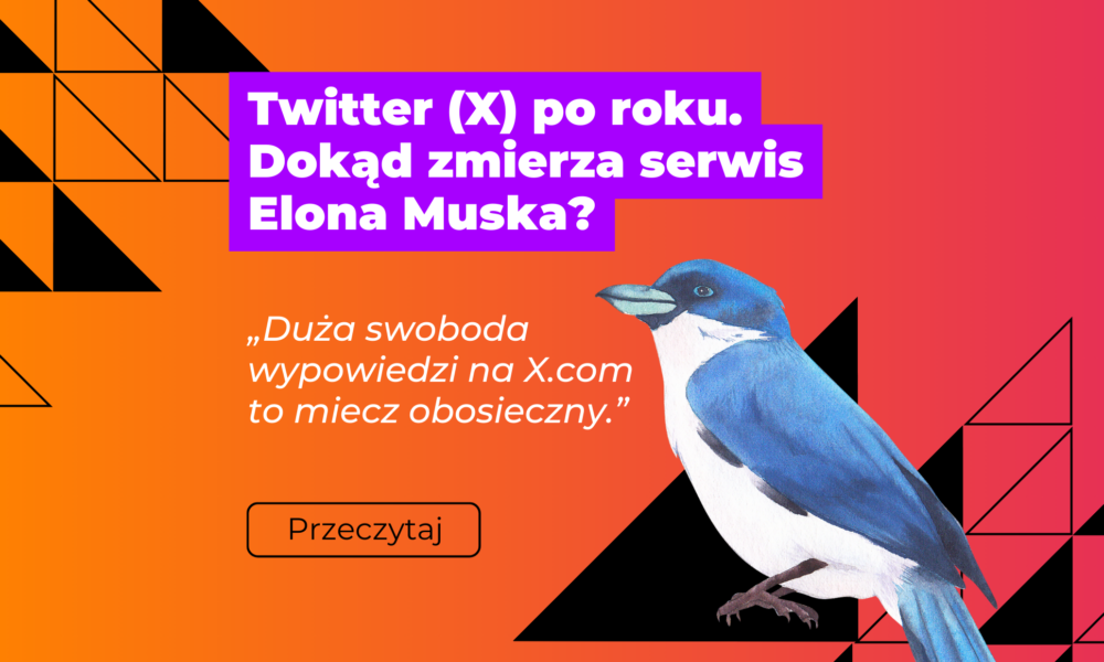 Twitter (X) po roku. Dokąd zmierza serwis Elona Muska? - grafika promująca artykuł - tło gradient różowo-pomarańczowy i niebieski ptaszek