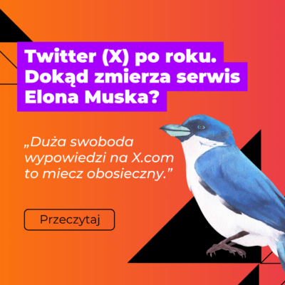 Twitter (X) po roku. Dokąd zmierza serwis Elona Muska? - grafika promująca artykuł - tło gradient różowo-pomarańczowy i niebieski ptaszek