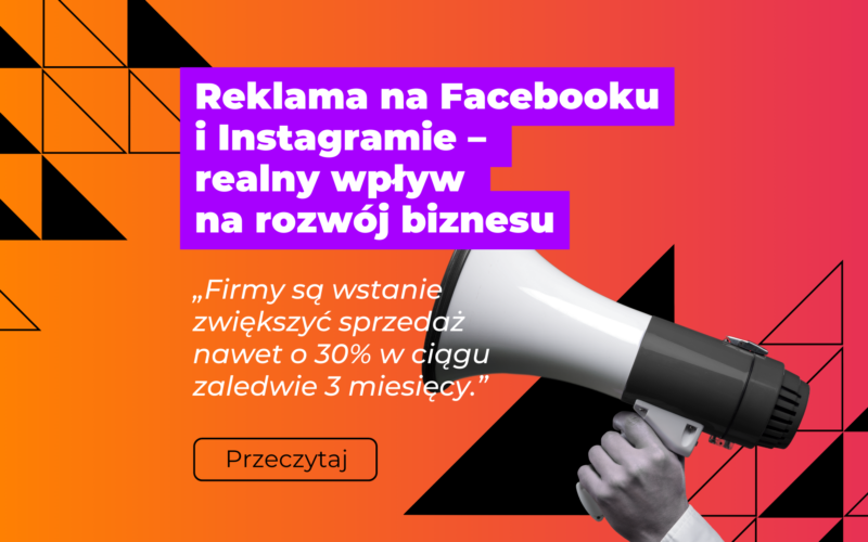 Reklama na Facebooku i Instagramie – realny wpływ na rozwój biznesu - grafika promująca artykuł, pomarańczowo-różowy gradientw tle, ręka trzymająca megafon (czarno-biała)