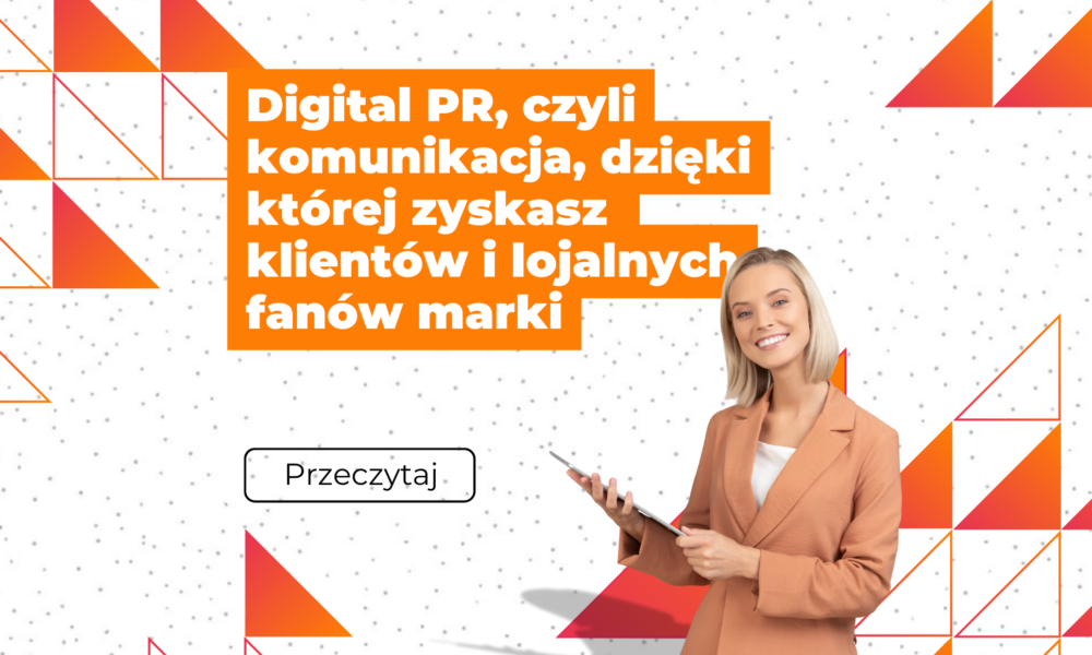 grafika z białym tłem i kobietą z tabletem, nazwa artykułu z pomarańczowym tłem