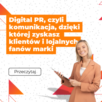 grafika z białym tłem i kobietą z tabletem, nazwa artykułu z pomarańczowym tłem