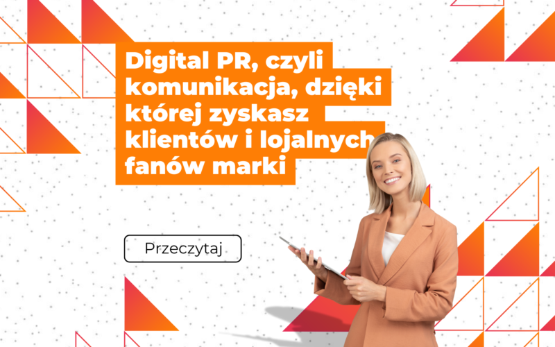 grafika z białym tłem i kobietą z tabletem, nazwa artykułu z pomarańczowym tłem