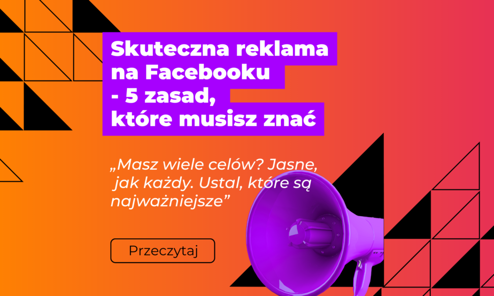 Grafika z megafonem fioletowym, gradientem pomarańczowo-różowym i tekstem - nazwwą artykułu z fioletowym tłem