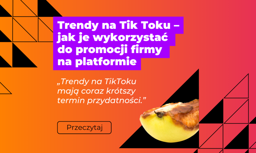 grafika z tłem gradientowym różowo-pomarańczowym, nazwa artykułu na filetowym tle i zdjęcie zgniłego jabłka